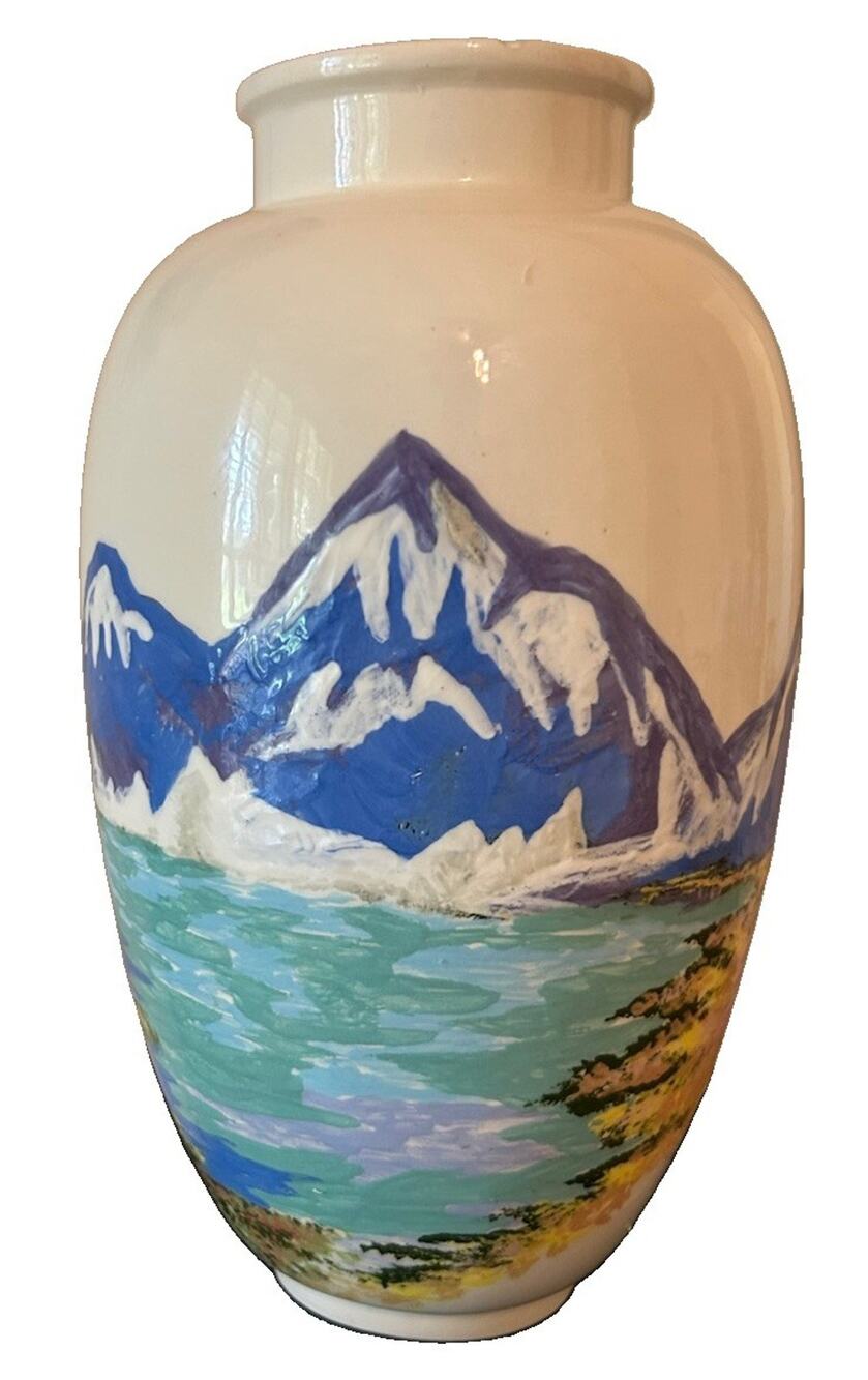 Vtg Hand-Painted Eggshell Porcelain 9.5” Vase Raised Mountain River Landscape